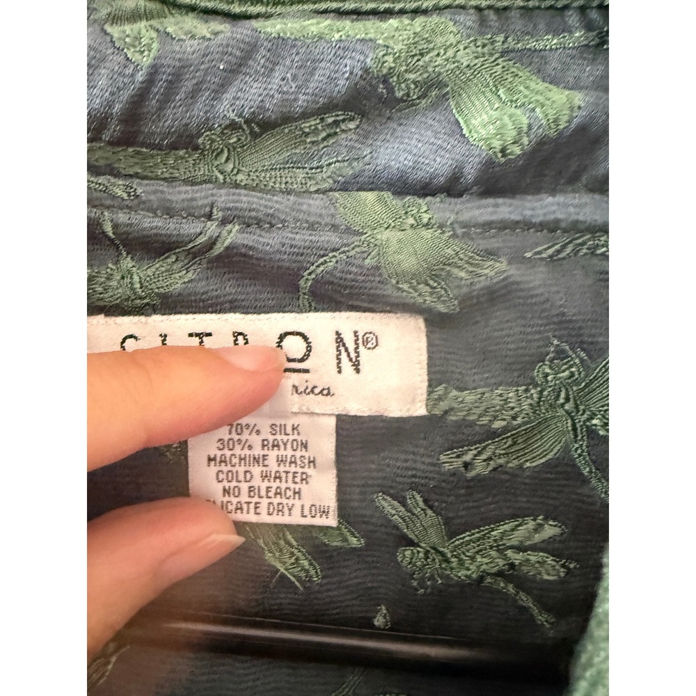 Citron Santa Monica Vintage Y2k Silk Dragonfly Mandarin Jacket Teal Green Frog M - Picture 6 of 9